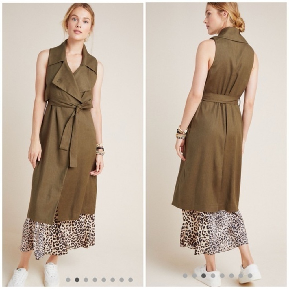 💋Anthropologie Hollis tie front Olive Sleeveless Trench Coat vest dress XS